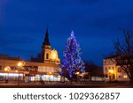 Christmas tree on main square in Tarnobrzeg. Tarnobrzeg, Subcarpathia, Poland.