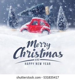 Christmas tree on red car toy with snow, Winter, Merry Christmas holiday celebration and Happy new year concept, copy space, filter effect.