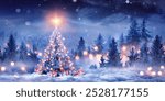 Christmas Tree On Snow In Night With Shiny Star And Gift Boxes In Snowy Forest - Winter Abstract Landscape