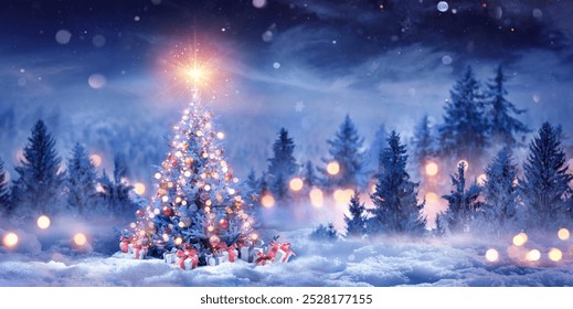 Christmas Tree On Snow In Night With Shiny Star And Gift Boxes In Snowy Forest - Winter Abstract Landscape