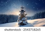 christmas tree on snowy hill 