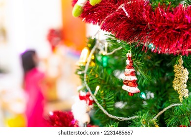 Christmas tree and ornaments decor ready for party.  - Shutterstock ID 2231485667