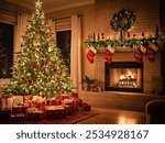 Christmas tree with ornaments, gifts wrapped in red and gold, fireplace in the background with stockings hanging.