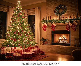 Christmas tree with ornaments, gifts wrapped in red and gold, fireplace in the background with stockings hanging.