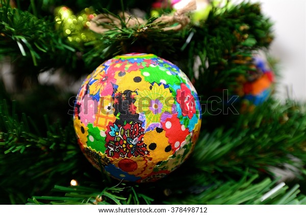 Christmas Tree Ornaments Handmade Ball Textile Stock Photo