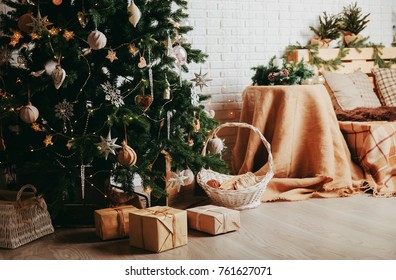 Christmas Tree And Presents In Living Room