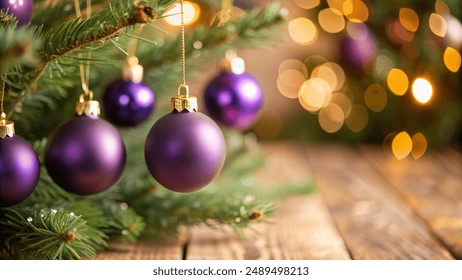 Christmas tree with purple baubles and gold lights against an old wood background with copyspace - Powered by Shutterstock