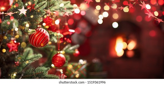 Christmas Tree with Red Balls and Stars. Winter Holiday Background