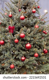 Christmas Tree With Red Decorations And Lights Close Up