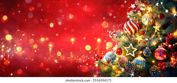 Christmas Tree In Red Shiny Glittering Background -  Baubles Hanging On Fir With Abstract Lights - Powered by Shutterstock