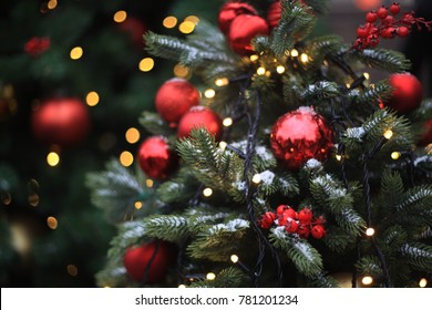 Christmas Tree With Red And Yellow Balls, Lights Outside In Moscow