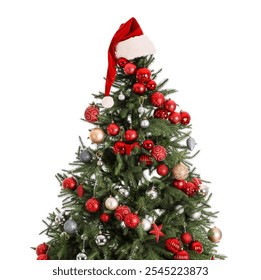 Christmas tree with Santa hat on white background. Closeup - Powered by Shutterstock