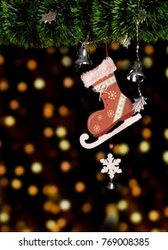 Christmas Tree Skates Toy And Ball Decorated Boke. Christmas Holiday Celebration Concept.