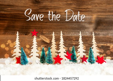 Christmas Tree, Snow, Red Star, Text Save The Date, Wooden Background