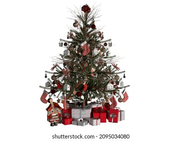 Christmas tree with socks on white background. 3d rendering, illustration.