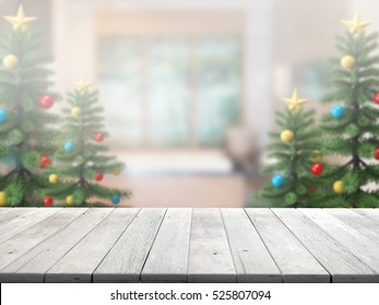 Christmas Tree With Top Wood Table And Blur Background Before Christmas Day