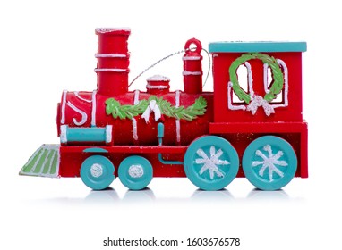 Christmas Tree Toy Train On White Background Isolation