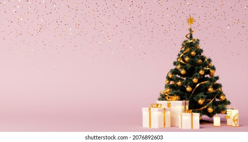 Christmas tree, white gift boxes, candles and gold stars on pink background. Pink christmas postcard.