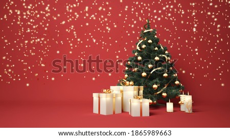 Christmas tree, white glowing gift boxes, candles and gold stars on red background