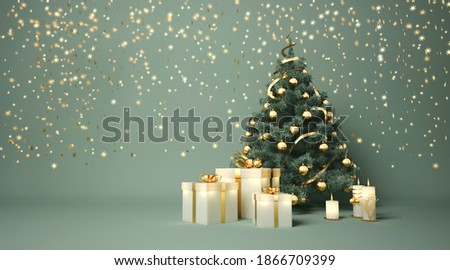 Christmas tree, white glowing gift boxes, candles and gold stars on green background