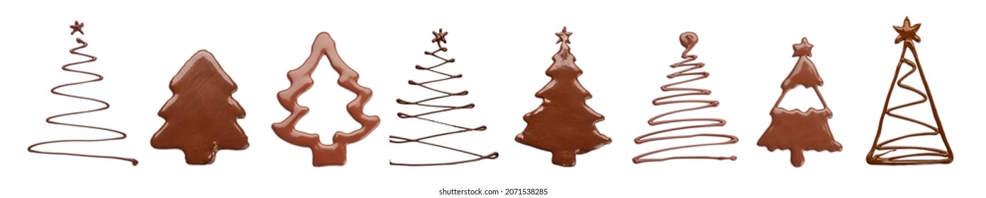 Christmas trees made of melted chocolate on white background