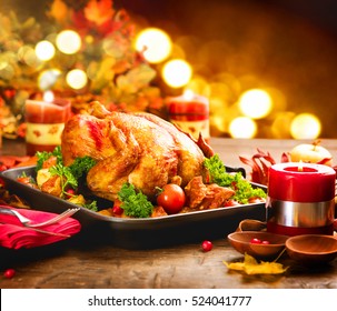 Christmas Turkey Dinner. Roasted Turkey. Winter Holiday Table Served, Decorated With Candles. Roasted Chicken, Table Setting.