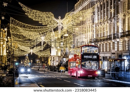 The Christmas view of Picadilly circus and its surroundings in London, UK