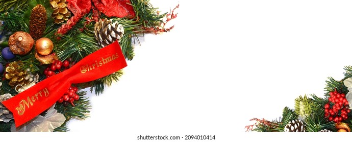 Christmas white background banner with fir tree branch, pine cones, and decorations