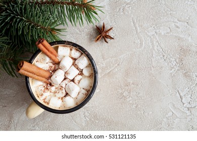 Christmas White Background With Cup Of Hot Cocoa And Marshmallow
