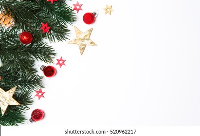 Christmas White Background View With Tree And Decoration