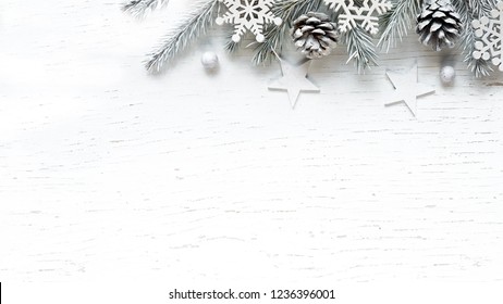 Christmas White Fir Tree Branches With White Pine Cones.