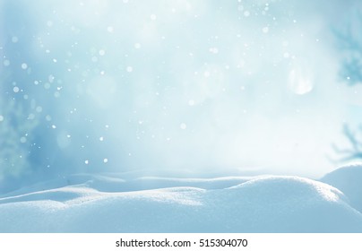 Christmas Winter Background With Snow And Blurred Bokeh.Merry Christmas And Happy New Year Greeting Card With Copy-space