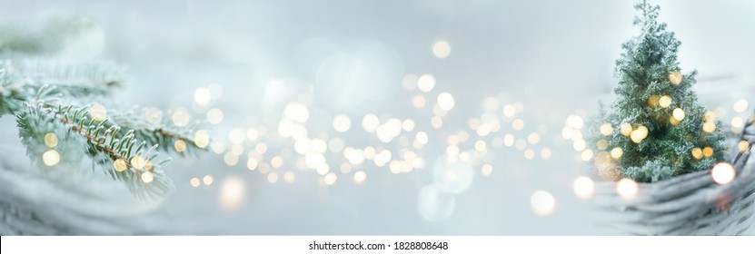 Christmas winter bokeh background. Christmas tree with snow and abstract bokeh lights. Festive holiday background with short depth of field and space for text. Horizontal new year winter design. - Powered by Shutterstock