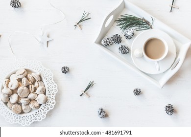 Christmas, Winter Breakfast. Cup Of Coffee, Pine Cones, Christmas Tree Branches. Top View, Flat Lay