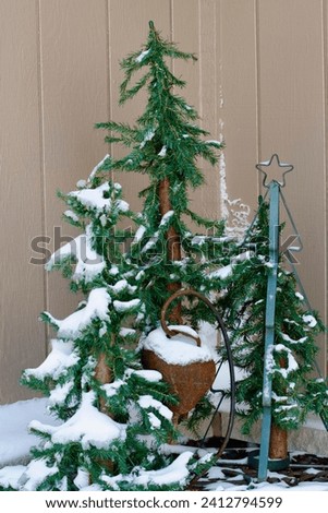 Christmas or winter decorations of pine trees, one with a star, sit on the front porch of a house, covered in snow after a winter storm