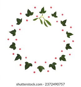 Christmas winter holly berry mistletoe and ivy leaf wreath abstract on white background. Traditional flora for greeting card, logo, card, label, invitation, menu, gift tag.