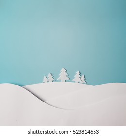 Christmas Winter Landscape With Snow And Christmas Trees. Flat Lay. Holiday Concept.