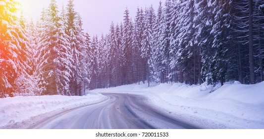 Christmas Winter Landscape, Spruce And Pine Trees Covered In Snow On A Mountain Road