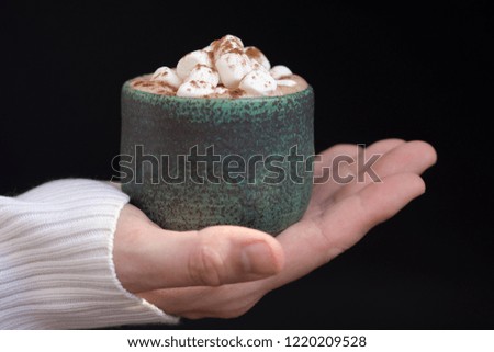 Christmas winter time - hot chocolate with marshmallows, hazelnut milk, coconut sugar, cocoa - handmade ceramic cup