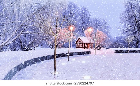 Christmas winter wonderland landscape. Christmas landscape, small wooden house among the snowy winter trees under falling snow - Powered by Shutterstock