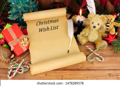 Christmas wish list with a festive nostalgic background and text saying Christmas wish list