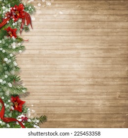 Christmas Wood Background  With Poinsettia And Firtree