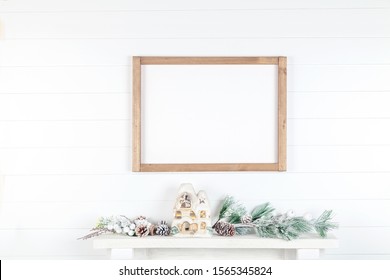 Christmas Wood Frame Mockup On A Light Background - Horizontal Wooden Sign Mockup