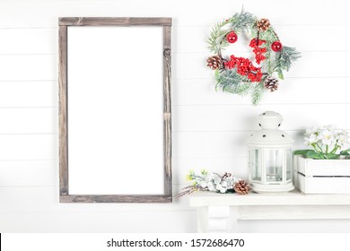 Christmas Wood Sign Mockup, Vertical  Empty Frame On A Light Background