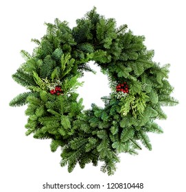 Christmas Wreath With Assorted Evergreen Boughs On White