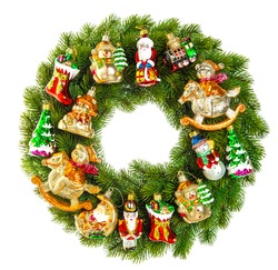 Christmas Wreath Decorated With Ornaments, Baubles And Vintage Toys Isolated On White Background