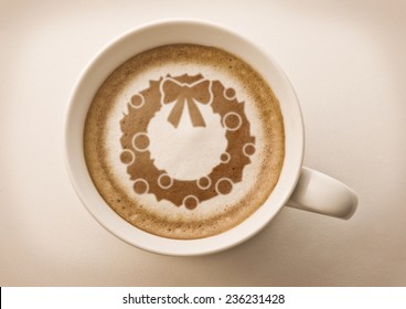 Christmas Wreath Drawing On Latte Art Coffee Cup Top View