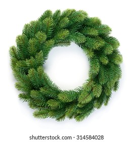 Christmas Wreath Of Evergreen Isolated On White Background