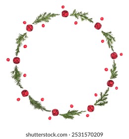 Christmas wreath with fir, red bell baubles and holly berries on white background. Minimal festive design for greeting card, logo, gift tag, invitation. Copy space. - Powered by Shutterstock