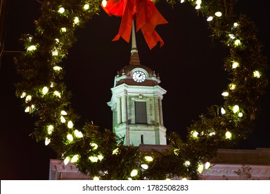 A Christmas Wreath Frames The Columbia, TN Courthouse. 